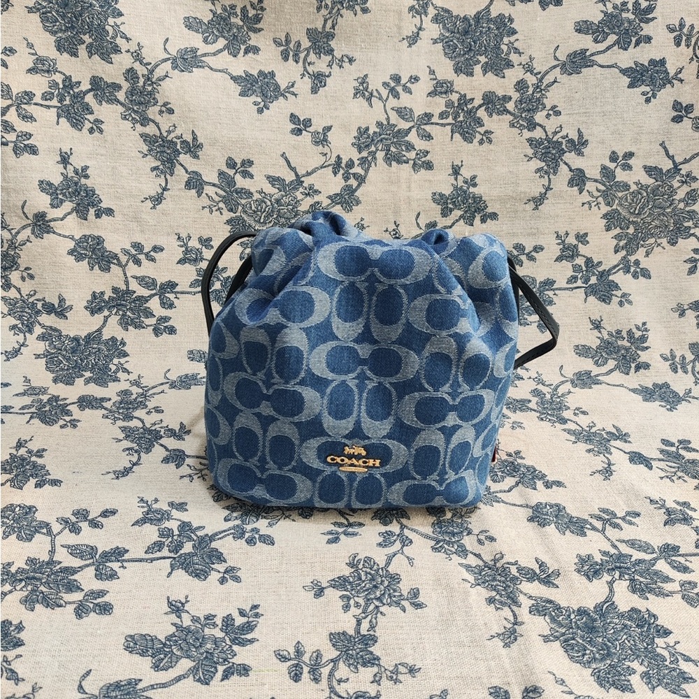 Coach Denim Blue Signature Drawstring Mini Bucket Bag with Gold Logo